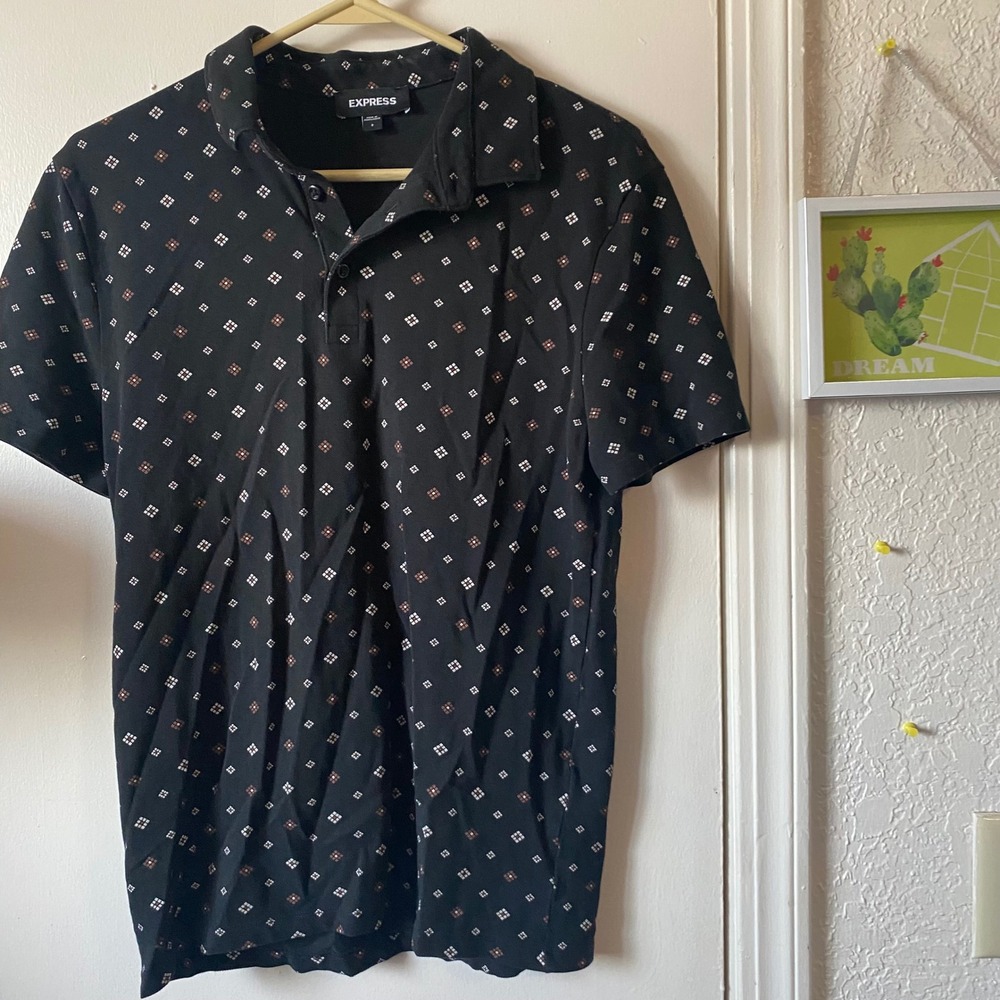 EXPRESS Men's Polo Shirt Small Black Diamond Pattern Short Sleeve Casual